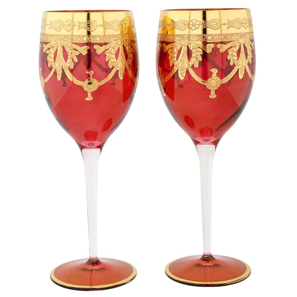 Set Of Two Murano Glass Wine Glasses - Red