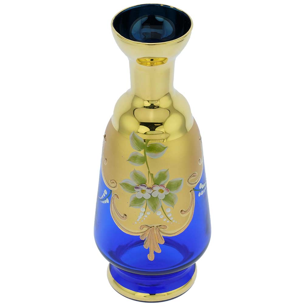 Murano Glass Decanter Set With Six Small Glasses 24K Gold Leaf - Blue