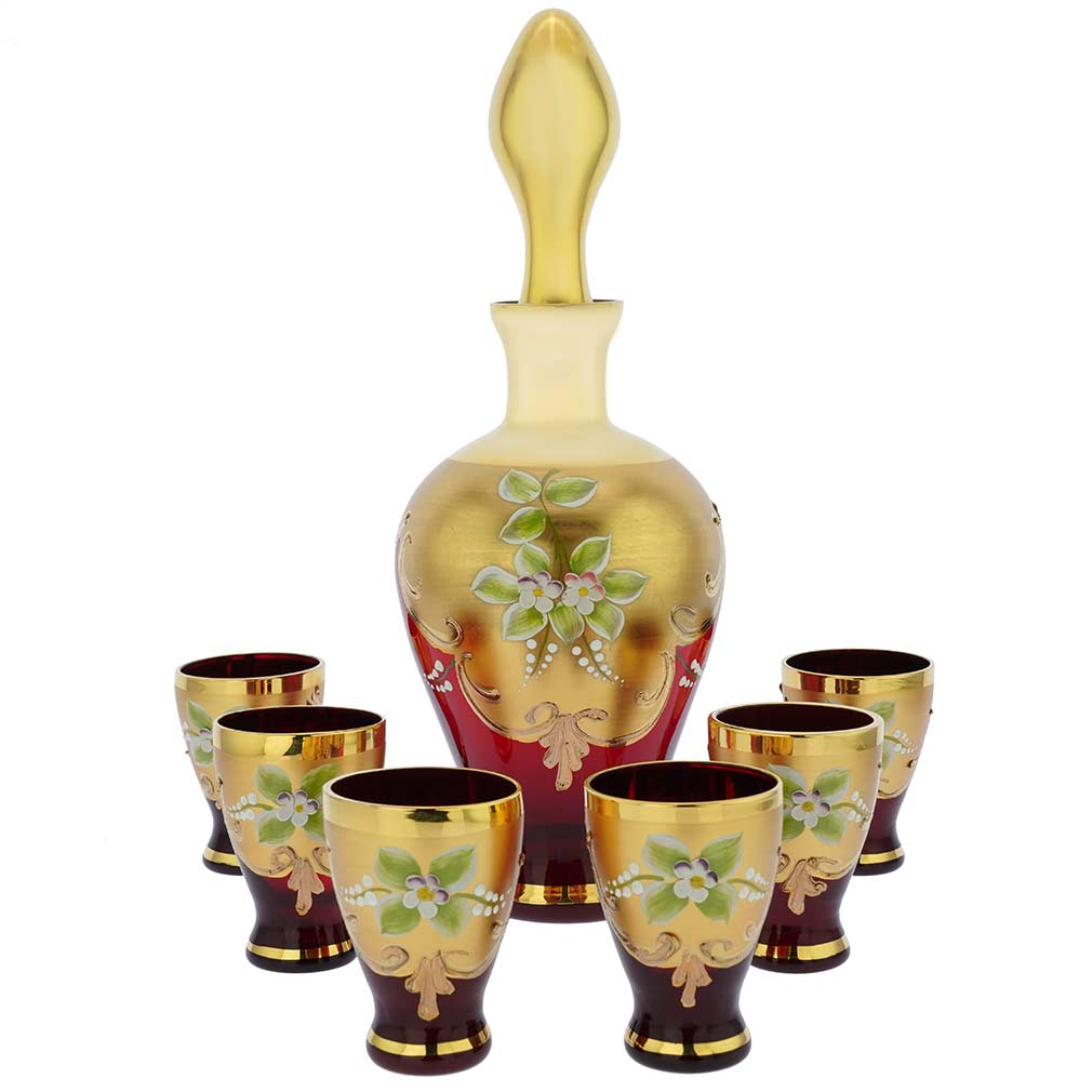 Murano Glass Decanters | Murano Glass Decanter Set With Small Glasses Gold Leaf Red