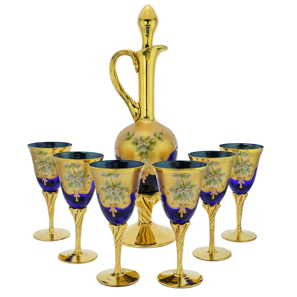 Hand Painted Fine European Crystal Wine Glasses (4) with Decanter