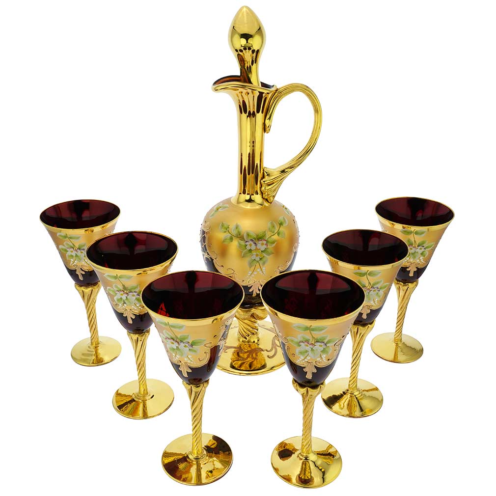 Murano Glass Decanters | Murano Glass Decanter Set With Six Wine Glasses 24K Gold - Red