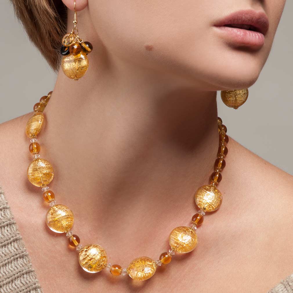 gold plated earrings and Lampwork bead earrings round Murano earrings dangle earrings gold leaf amber earrings